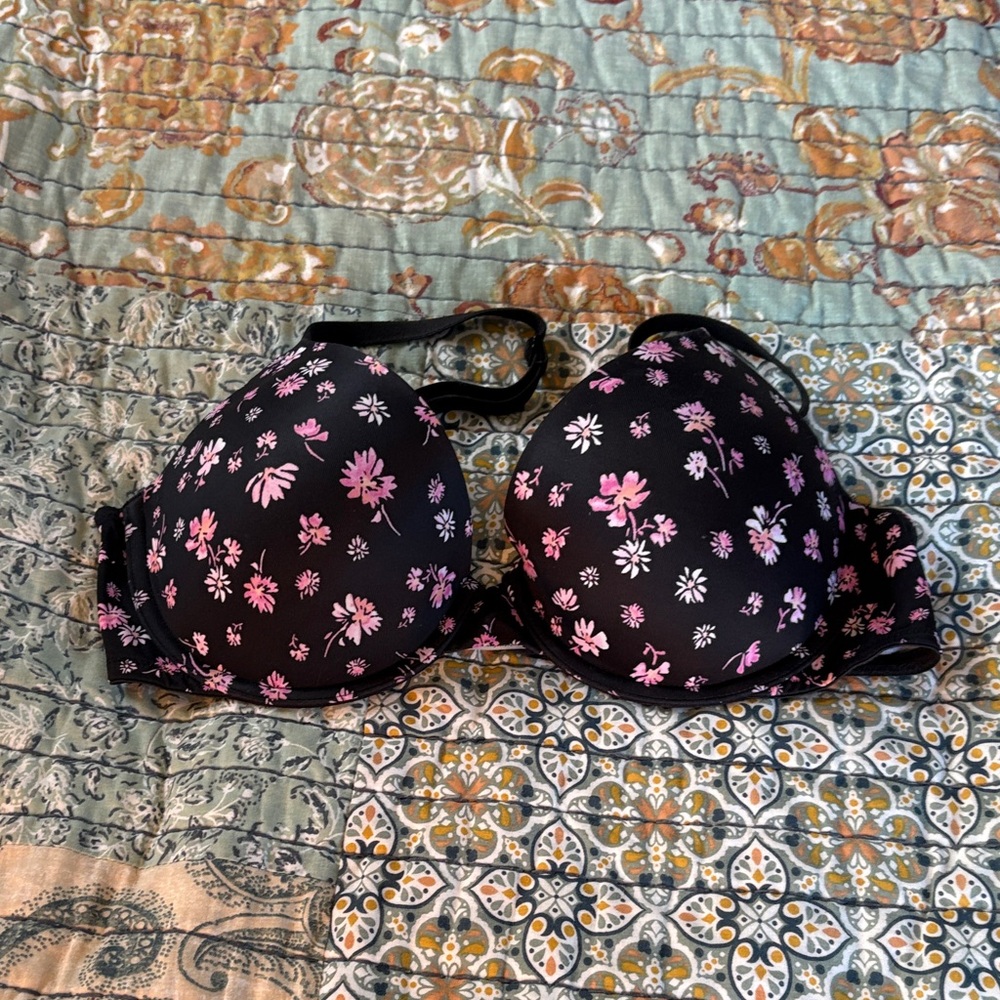 PINK Victoria's Secret Black Bra with Pink Floral Print
